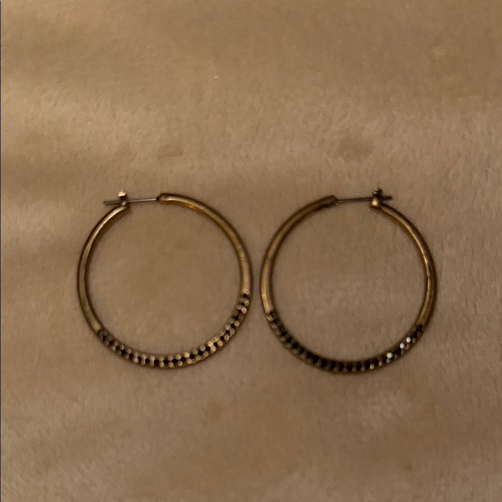 Elegant Antique Gold w/Black Crystals Hoop Earrings